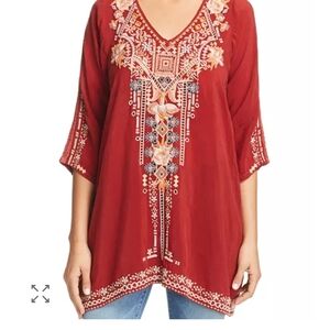 Johnny Was Mikaela Embroidered Tunic Top Size S Red Womens